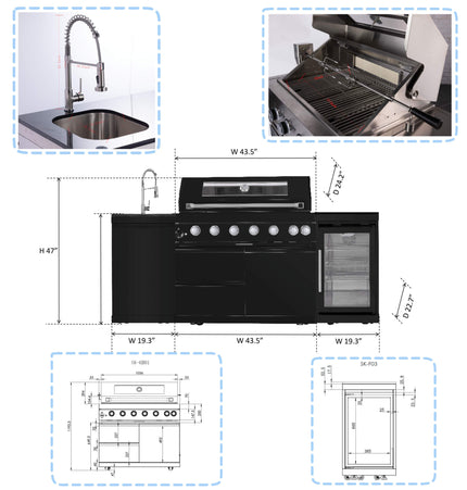 Castelle Flame Avalon 43-Inch 6-Burner 85K BTU Outdoor BBQ Kitchen Grill Island with Wine Fridge, Rotisserie Kit, and Sink