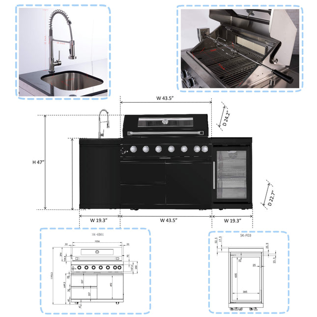 Castelle Flame Avalon 43-Inch 6-Burner 85K BTU Outdoor BBQ Kitchen Grill Island with Wine Fridge, Rotisserie Kit, and Sink