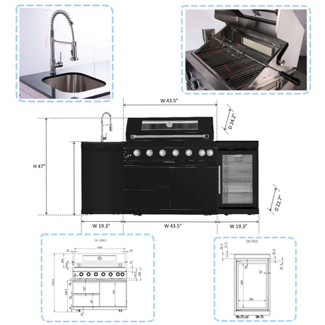 Castelle Flame Avalon 43-Inch 6-Burner 85K BTU Outdoor BBQ Kitchen Grill Island with Wine Fridge, Rotisserie Kit, and Sink - Outdoor Kitchen Islands | Patioza
