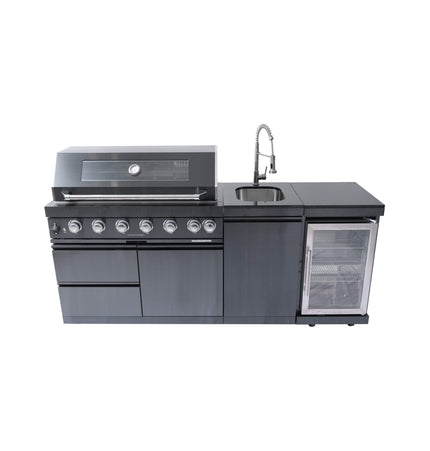 Castelle Flame Avalon 43-Inch 6-Burner 85K BTU Outdoor BBQ Kitchen Grill Island with Wine Fridge, Rotisserie Kit, and Sink