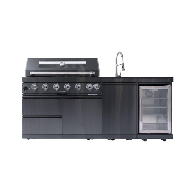 Castelle Flame Avalon 43-Inch 6-Burner 85K BTU Outdoor BBQ Kitchen Grill Island with Wine Fridge, Rotisserie Kit, and Sink