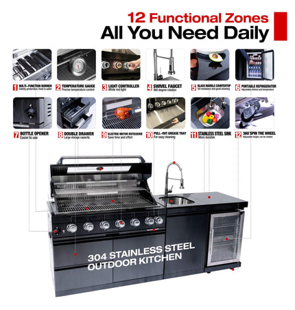 Castelle Flame Avalon 43-Inch 6-Burner 85K BTU Outdoor BBQ Kitchen Grill Island with Wine Fridge, Rotisserie Kit, and Sink