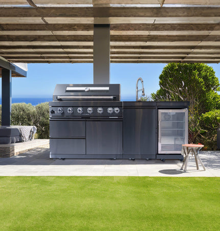 Castelle Flame Avalon 43-Inch 6-Burner 85K BTU Outdoor BBQ Kitchen Grill Island with Wine Fridge, Rotisserie Kit, and Sink