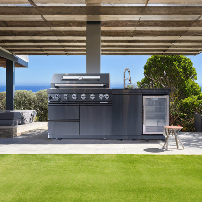 Castelle Flame Avalon 43-Inch 6-Burner 85K BTU Outdoor BBQ Kitchen Grill Island with Wine Fridge, Rotisserie Kit, and Sink