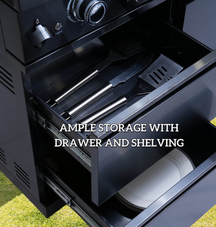 Castelle Flame Avalon 43-Inch 6-Burner 85K BTU Outdoor BBQ Kitchen Grill Island with Wine Fridge, Rotisserie Kit, and Sink
