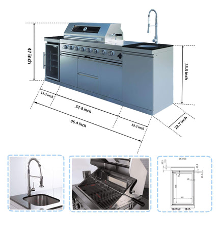 Castelle Flame Capri 96-Inch 6-Burner 85000 BTU Outdoor Kitchen Liquid Propane Grill Island With Fridge (SAK42895)