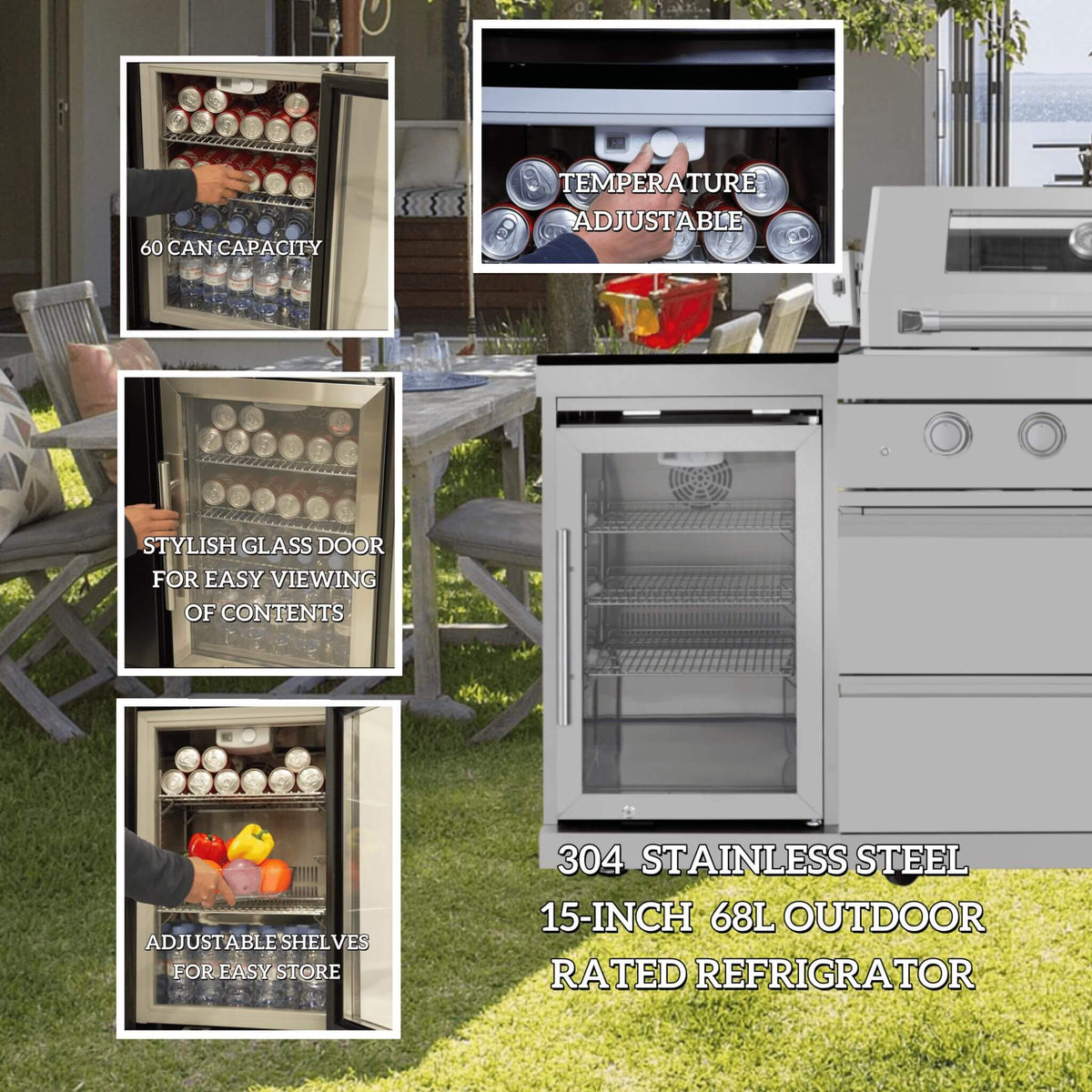 Castelle Flame Capri 96-Inch 6-Burner 85000 BTU Outdoor Kitchen Liquid Propane Grill Island With Fridge (SAK42895) - Outdoor Kitchen Islands | Patioza