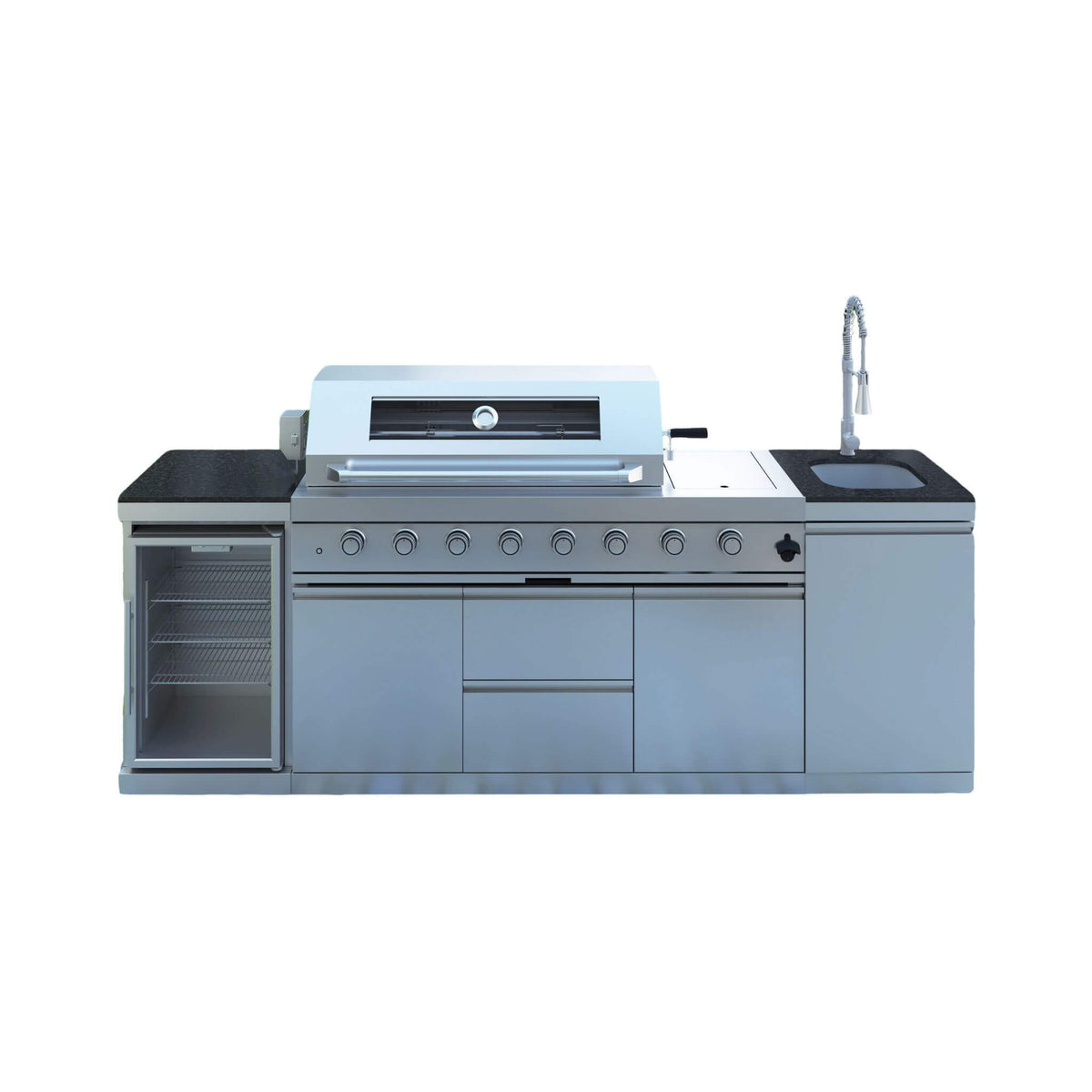 Castelle Flame Capri 96-Inch 6-Burner 85000 BTU Outdoor Kitchen Liquid Propane Grill Island With Fridge (SAK42895) - Outdoor Kitchen Islands | Patioza
