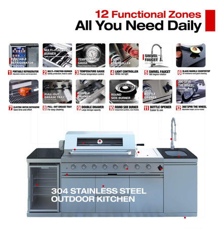 Castelle Flame Capri 96-Inch 6-Burner 85000 BTU Outdoor Kitchen Liquid Propane Grill Island With Fridge (SAK42895)