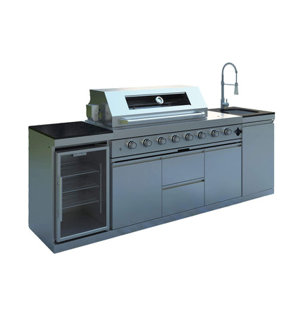 Castelle Flame Capri 96-Inch 6-Burner 85000 BTU Outdoor Kitchen Liquid Propane Grill Island With Fridge (SAK42895)