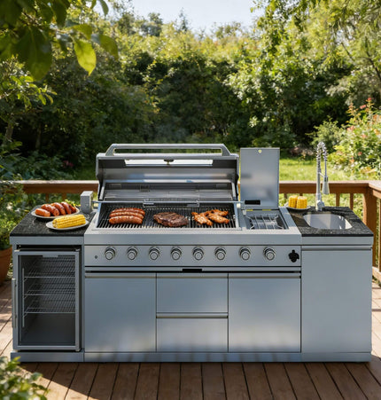 Castelle Flame Capri 96-Inch 6-Burner 85000 BTU Outdoor Kitchen Liquid Propane Grill Island With Fridge (SAK42895)