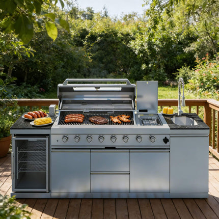 Castelle Flame Capri 96-Inch 6-Burner 85000 BTU Outdoor Kitchen Liquid Propane Grill Island With Fridge (SAK42895)