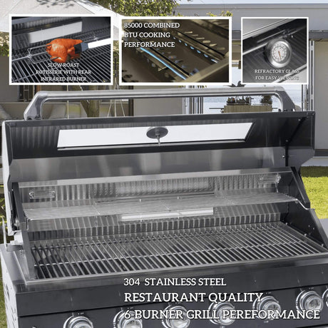 Castelle Flame Capri 96-Inch 6-Burner 85000 BTU Outdoor Kitchen Liquid Propane Grill Island With Fridge (SAK42895) - Outdoor Kitchen Islands | Patioza