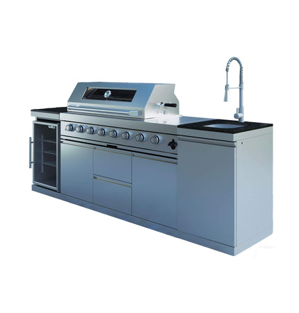 Castelle Flame Capri 96-Inch 6-Burner 85000 BTU Outdoor Kitchen Liquid Propane Grill Island With Fridge (SAK42895)