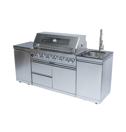 Castelle Flame Valmont 43-Inch 6-Burner 85K BTU Outdoor BBQ Kitchen Grill Island With Granite Countertops, Rotisserie Kit, Cabinets, And Sink (SAK73518) - Outdoor Kitchen Islands | Patioza