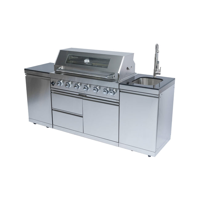Castelle Flame Valmont 43-Inch 6-Burner 85K BTU Outdoor BBQ Kitchen Grill Island With Granite Countertops, Rotisserie Kit, Cabinets, And Sink (SAK73518) - Outdoor Kitchen Islands | Patioza