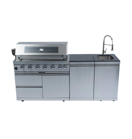 Castelle Flame Valmont 43-Inch 6-Burner 85K BTU Outdoor BBQ Kitchen Grill Island With Granite Countertops, Rotisserie Kit, Cabinets, And Sink (SAK73518) - Outdoor Kitchen Islands | Patioza