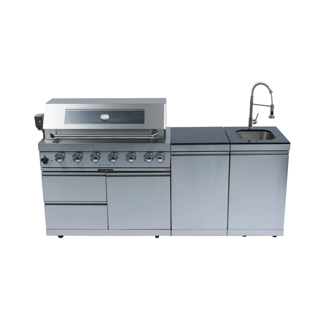 Castelle Flame Valmont 43-Inch 6-Burner 85K BTU Outdoor BBQ Kitchen Grill Island With Granite Countertops, Rotisserie Kit, Cabinets, And Sink (SAK73518) - Outdoor Kitchen Islands | Patioza