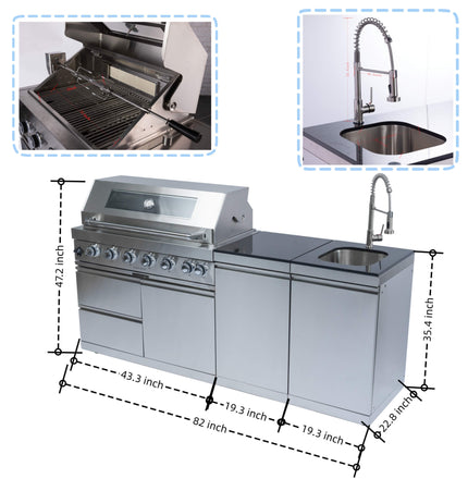 Castelle Flame Valmont 43-Inch 6-Burner 85K BTU Outdoor BBQ Kitchen Grill Island With Granite Countertops, Rotisserie Kit, Cabinets, And Sink (SAK73518) - Outdoor Kitchen Islands | Patioza