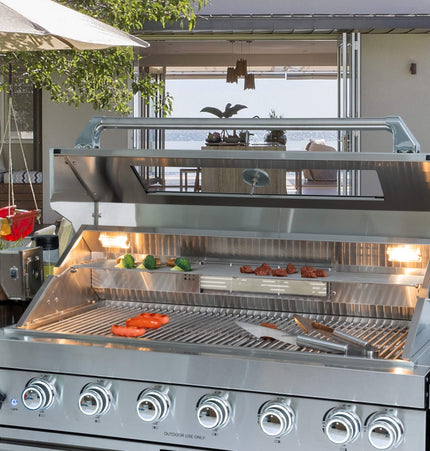 Castelle Flame Valmont 43-Inch 6-Burner 85K BTU Outdoor BBQ Kitchen Grill Island With Granite Countertops, Rotisserie Kit, Cabinets, And Sink (SAK73518) - Outdoor Kitchen Islands | Patioza