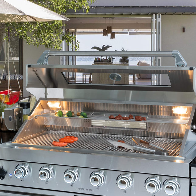 Castelle Flame Valmont 43-Inch 6-Burner 85K BTU Outdoor BBQ Kitchen Grill Island With Granite Countertops, Rotisserie Kit, Cabinets, And Sink (SAK73518) - Outdoor Kitchen Islands | Patioza