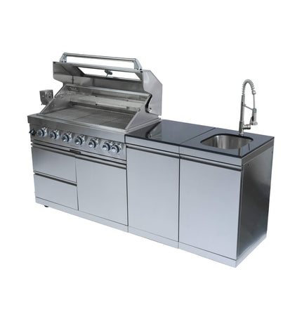 Castelle Flame Valmont 43-Inch 6-Burner 85K BTU Outdoor BBQ Kitchen Grill Island With Granite Countertops, Rotisserie Kit, Cabinets, And Sink (SAK73518) - Outdoor Kitchen Islands | Patioza