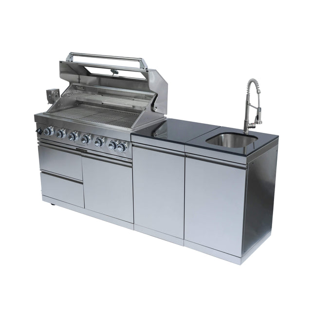 Castelle Flame Valmont 43-Inch 6-Burner 85K BTU Outdoor BBQ Kitchen Grill Island With Granite Countertops, Rotisserie Kit, Cabinets, And Sink (SAK73518) - Outdoor Kitchen Islands | Patioza