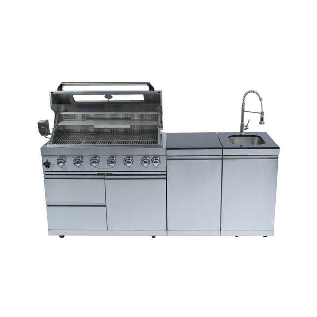 Castelle Flame Valmont 43-Inch 6-Burner 85K BTU Outdoor BBQ Kitchen Grill Island With Granite Countertops, Rotisserie Kit, Cabinets, And Sink (SAK73518) - Outdoor Kitchen Islands | Patioza