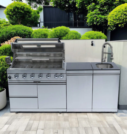 Castelle Flame Valmont 43-Inch 6-Burner 85K BTU Outdoor BBQ Kitchen Grill Island With Granite Countertops, Rotisserie Kit, Cabinets, And Sink (SAK73518) - Outdoor Kitchen Islands | Patioza
