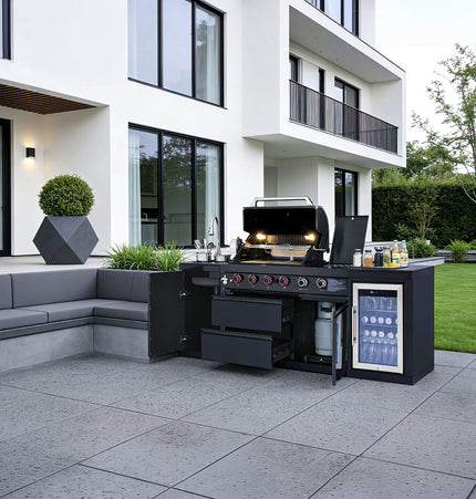 Castelle Flame Monarch 4-Burner 72,000 BTU Outdoor BBQ Grill Island with Refrigerator and Sink - Outdoor Kitchen Islands | Patioza