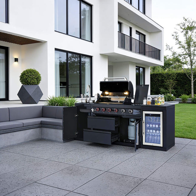 Castelle Flame Monarch 4-Burner 72,000 BTU Outdoor BBQ Grill Island with Refrigerator and Sink - Outdoor Kitchen Islands | Patioza
