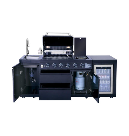 Castelle Flame Monarch 4-Burner 72,000 BTU Outdoor BBQ Grill Island with Refrigerator and Sink - Outdoor Kitchen Islands | Patioza