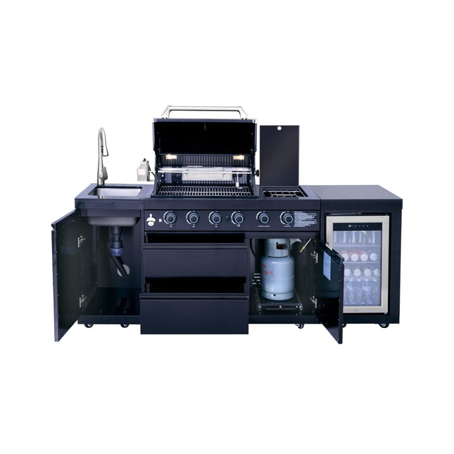 Castelle Flame Monarch 4-Burner 72,000 BTU Outdoor BBQ Grill Island with Refrigerator and Sink - Outdoor Kitchen Islands | Patioza