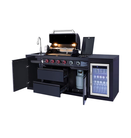 Castelle Flame Monarch 4-Burner 72,000 BTU Outdoor BBQ Grill Island with Refrigerator and Sink - Outdoor Kitchen Islands | Patioza