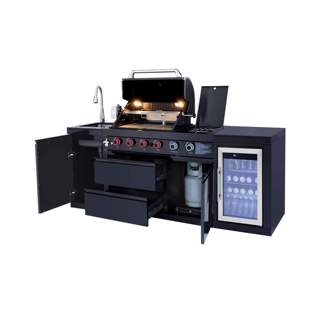 Castelle Flame Monarch 4-Burner 72,000 BTU Outdoor BBQ Grill Island with Refrigerator and Sink - Outdoor Kitchen Islands | Patioza