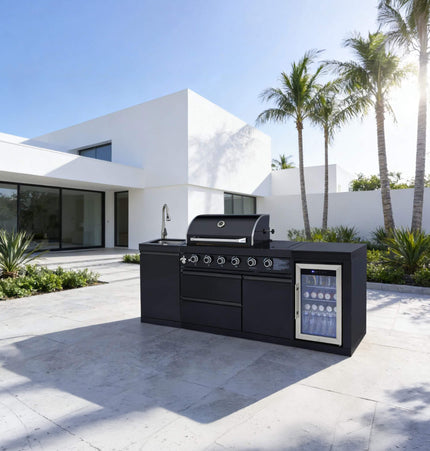 Castelle Flame Monarch 4-Burner 72,000 BTU Outdoor BBQ Grill Island with Refrigerator and Sink - Outdoor Kitchen Islands | Patioza