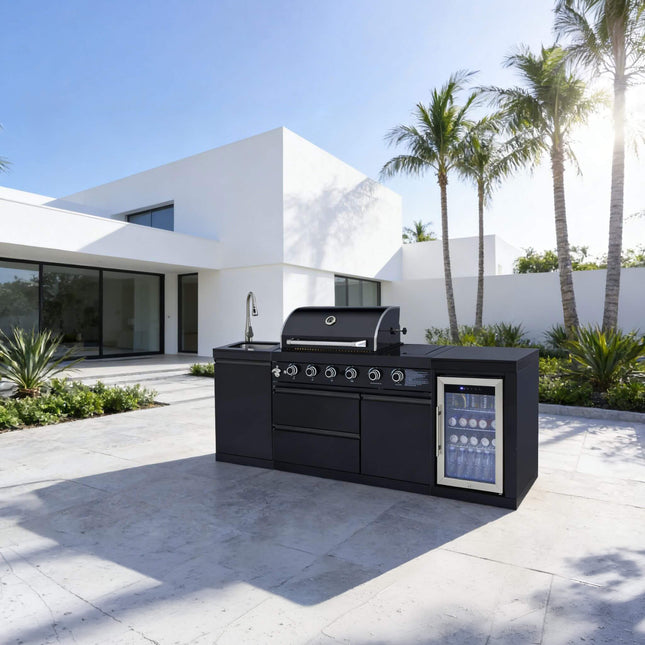Castelle Flame Monarch 4-Burner 72,000 BTU Outdoor BBQ Grill Island with Refrigerator and Sink - Outdoor Kitchen Islands | Patioza