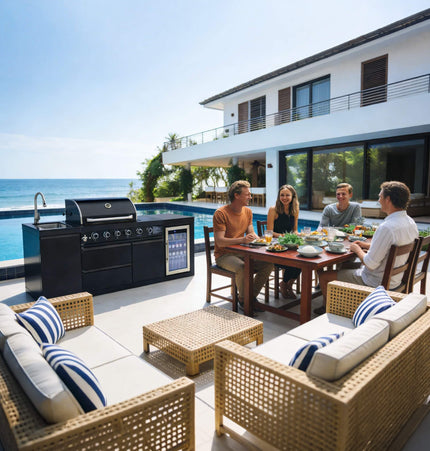 Castelle Flame Monarch 4-Burner 72,000 BTU Outdoor BBQ Grill Island with Refrigerator and Sink - Outdoor Kitchen Islands | Patioza
