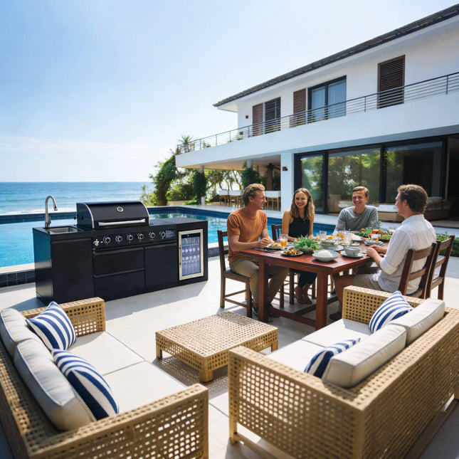 Castelle Flame Monarch 4-Burner 72,000 BTU Outdoor BBQ Grill Island with Refrigerator and Sink - Outdoor Kitchen Islands | Patioza