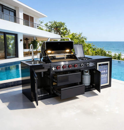 Castelle Flame Monarch 4-Burner 72,000 BTU Outdoor BBQ Grill Island with Refrigerator and Sink - Outdoor Kitchen Islands | Patioza