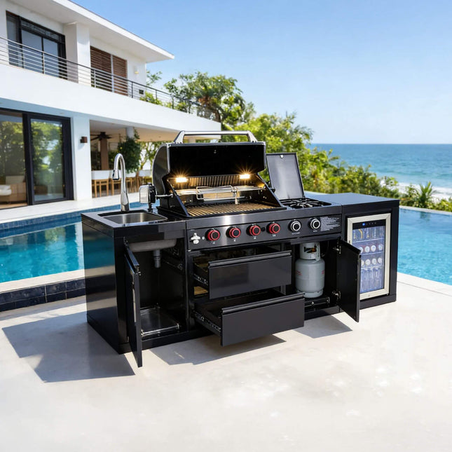 Castelle Flame Monarch 4-Burner 72,000 BTU Outdoor BBQ Grill Island with Refrigerator and Sink - Outdoor Kitchen Islands | Patioza