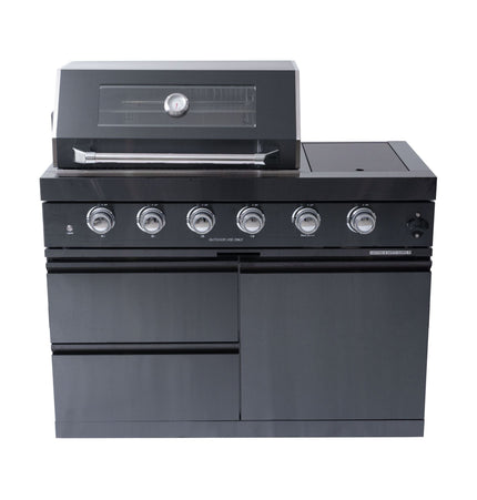 Castelle Flame Ember Premium Black Stainless Steel 4-Burner Liquid Propane Kitchen Grill Island With Rotisserie Kit (SAK48157) - Outdoor Kitchen Islands | Patioza
