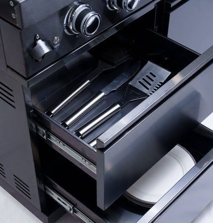 Castelle Flame Ember Premium Black Stainless Steel 4-Burner Liquid Propane Kitchen Grill Island With Rotisserie Kit (SAK48157) - Outdoor Kitchen Islands | Patioza