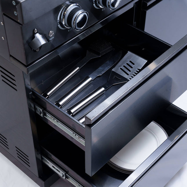 Castelle Flame Ember Premium Black Stainless Steel 4-Burner Liquid Propane Kitchen Grill Island With Rotisserie Kit (SAK48157) - Outdoor Kitchen Islands | Patioza