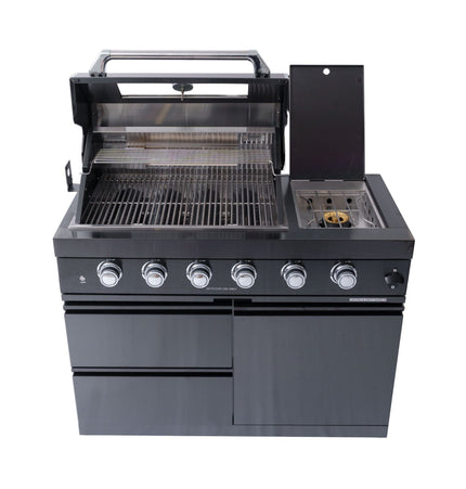 Castelle Flame Ember Premium Black Stainless Steel 4-Burner Liquid Propane Kitchen Grill Island With Rotisserie Kit (SAK48157) - Outdoor Kitchen Islands | Patioza