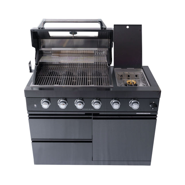 Castelle Flame Ember Premium Black Stainless Steel 4-Burner Liquid Propane Kitchen Grill Island With Rotisserie Kit (SAK48157) - Outdoor Kitchen Islands | Patioza