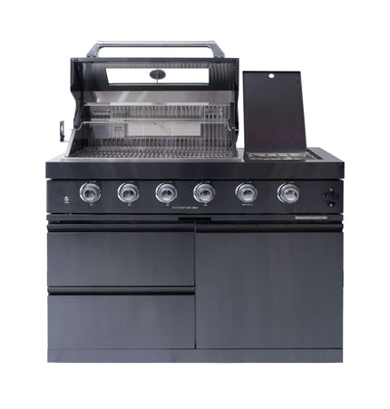 Castelle Flame Ember Premium Black Stainless Steel 4-Burner Liquid Propane Kitchen Grill Island With Rotisserie Kit (SAK48157) - Outdoor Kitchen Islands | Patioza