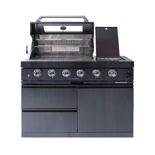 Castelle Flame Ember Premium Black Stainless Steel 4-Burner Liquid Propane Kitchen Grill Island With Rotisserie Kit (SAK48157) - Outdoor Kitchen Islands | Patioza