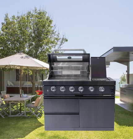 Castelle Flame Ember Premium Black Stainless Steel 4-Burner Liquid Propane Kitchen Grill Island With Rotisserie Kit (SAK48157) - Outdoor Kitchen Islands | Patioza