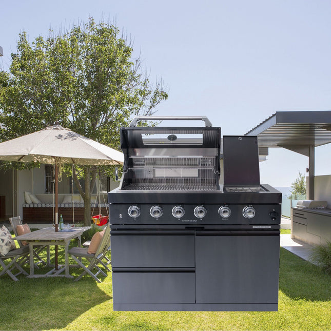 Castelle Flame Ember Premium Black Stainless Steel 4-Burner Liquid Propane Kitchen Grill Island With Rotisserie Kit (SAK48157) - Outdoor Kitchen Islands | Patioza
